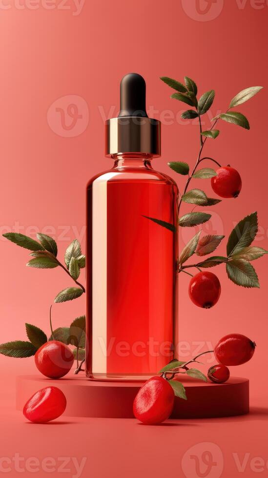 Red roseberry juice bottle with red berries on a pink background 3d rendering photo