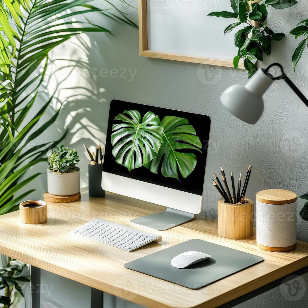 A desk with a computer, monitor and a plant in front of a window photo