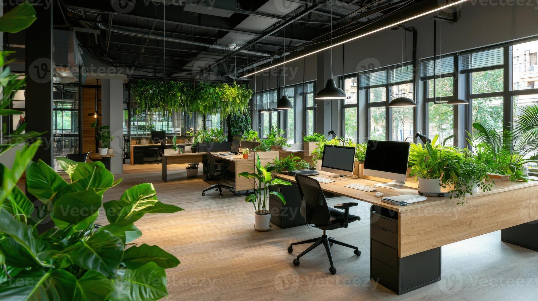 An office with plants and desks photo
