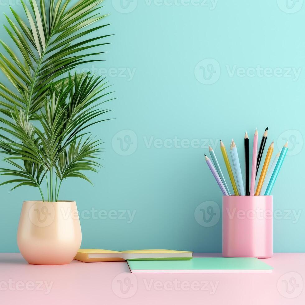 Colors pencils and notebook on pink background 3d render photo