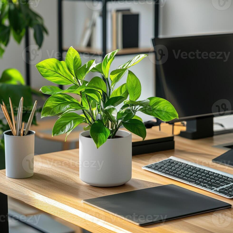 A desk with a computer, keyboard, mouse and plant photo