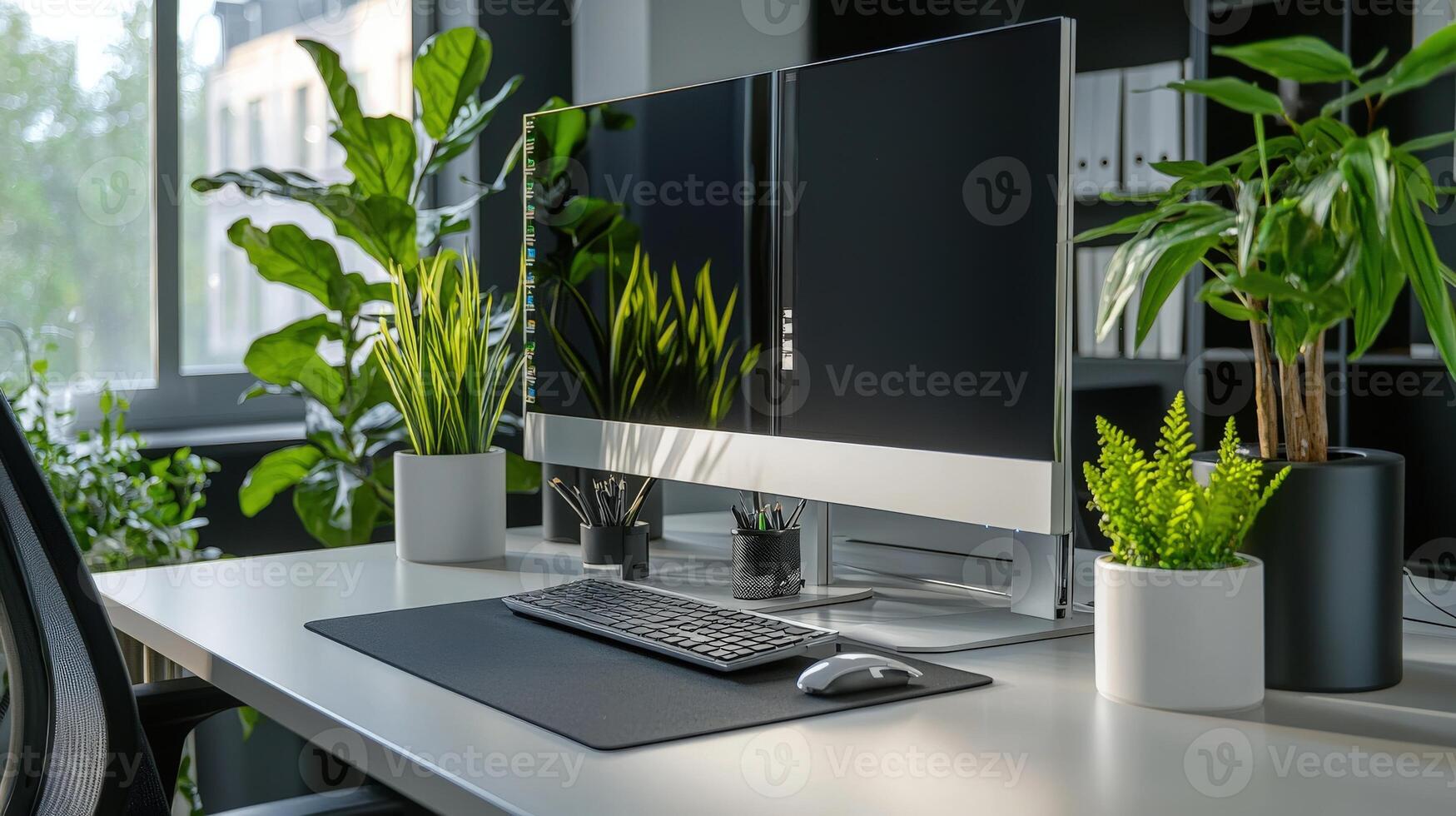 A desk with a computer, keyboard and mouse photo