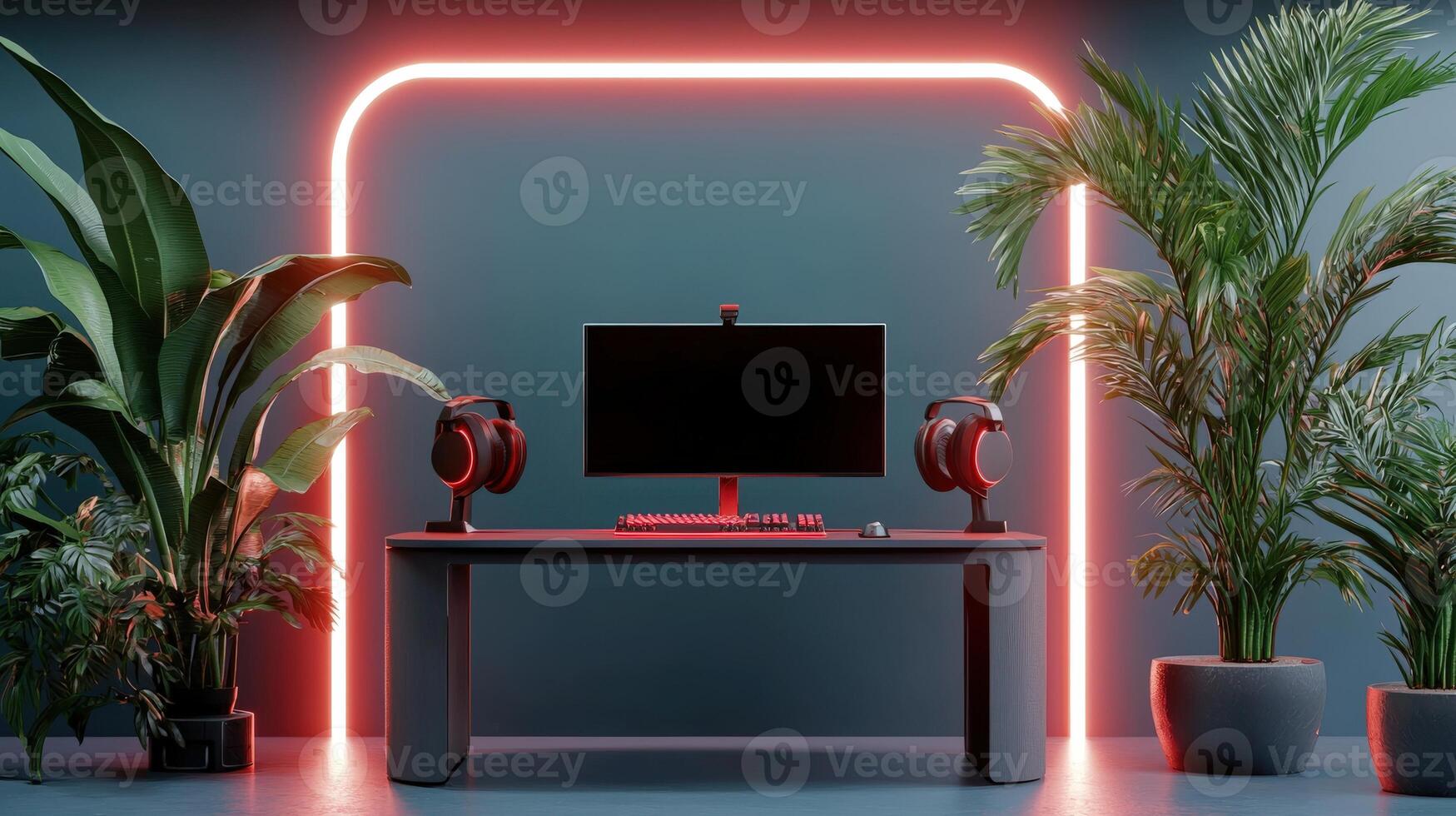 A computer desk with a red neon sign photo