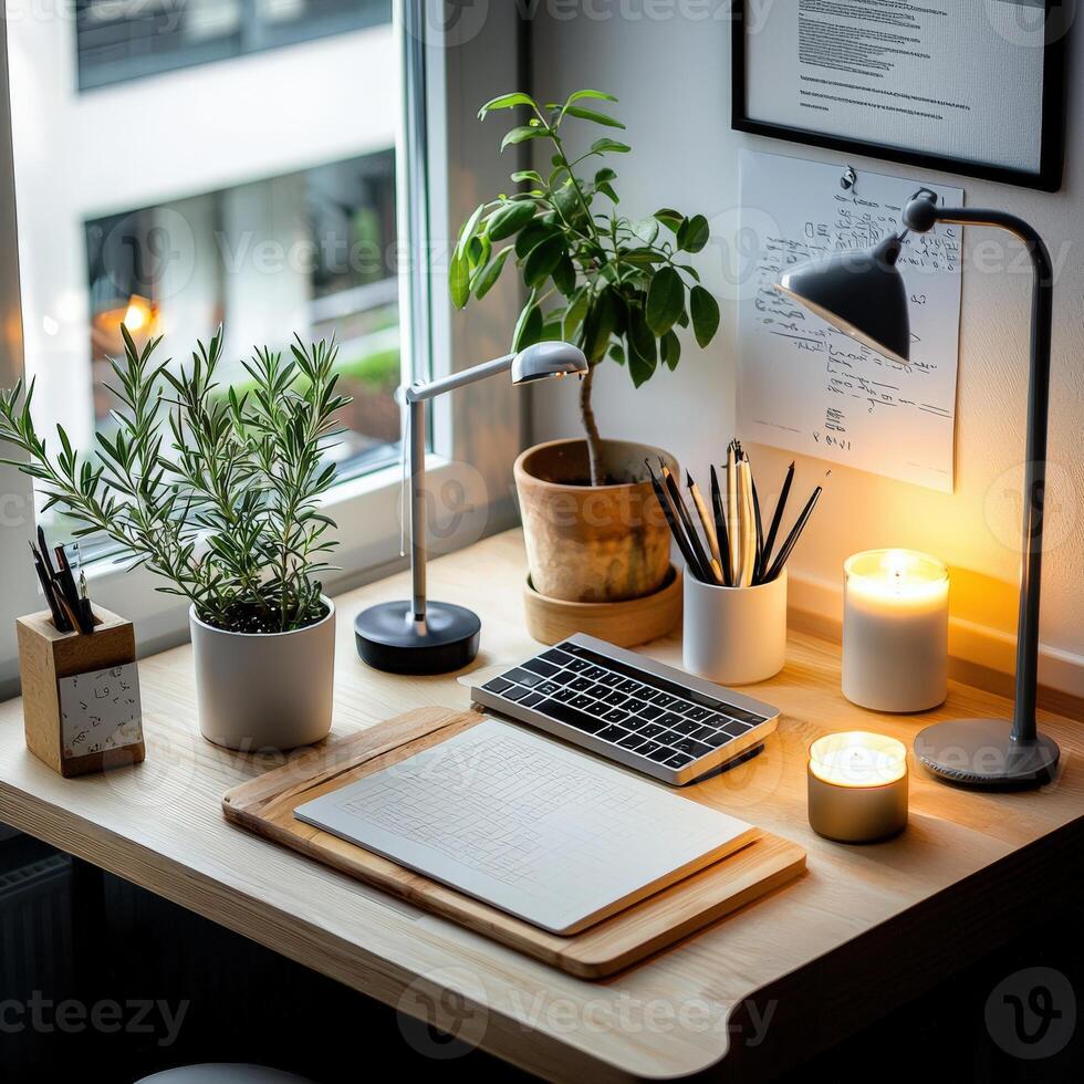A desk with a lamp, a notebook, and a plant photo