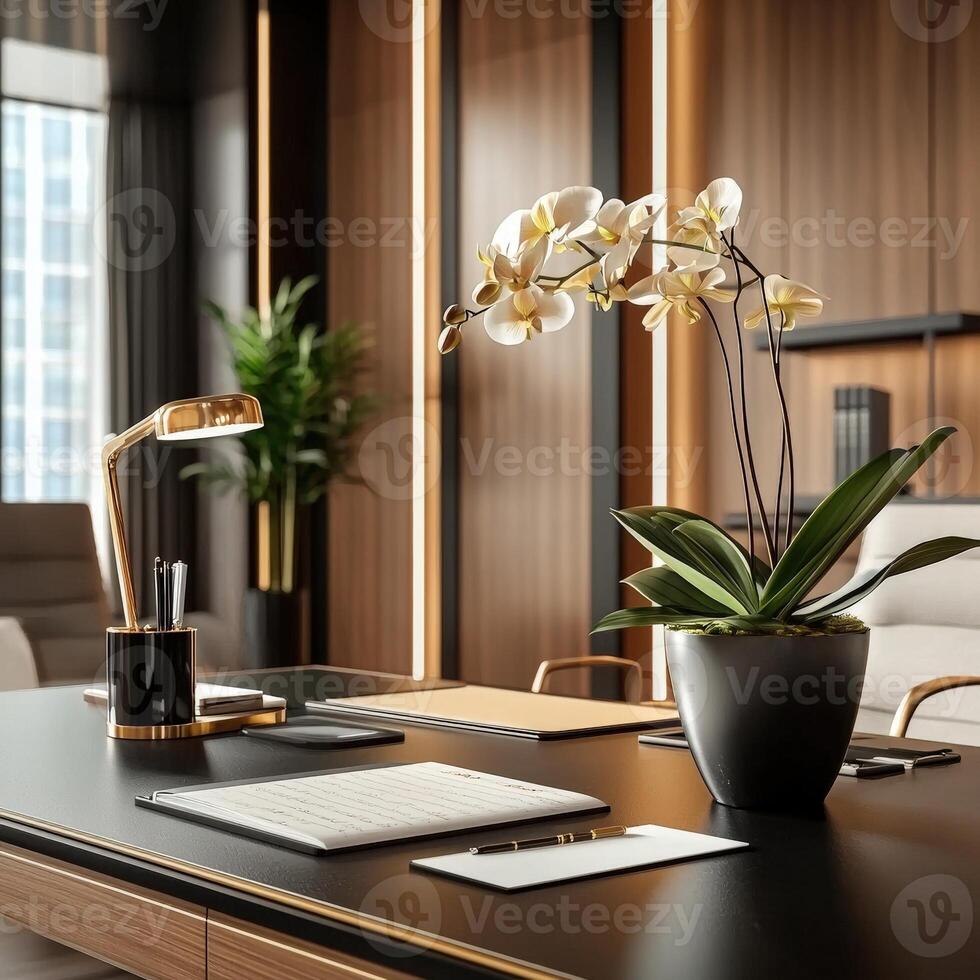 A modern office with a desk and a plant photo