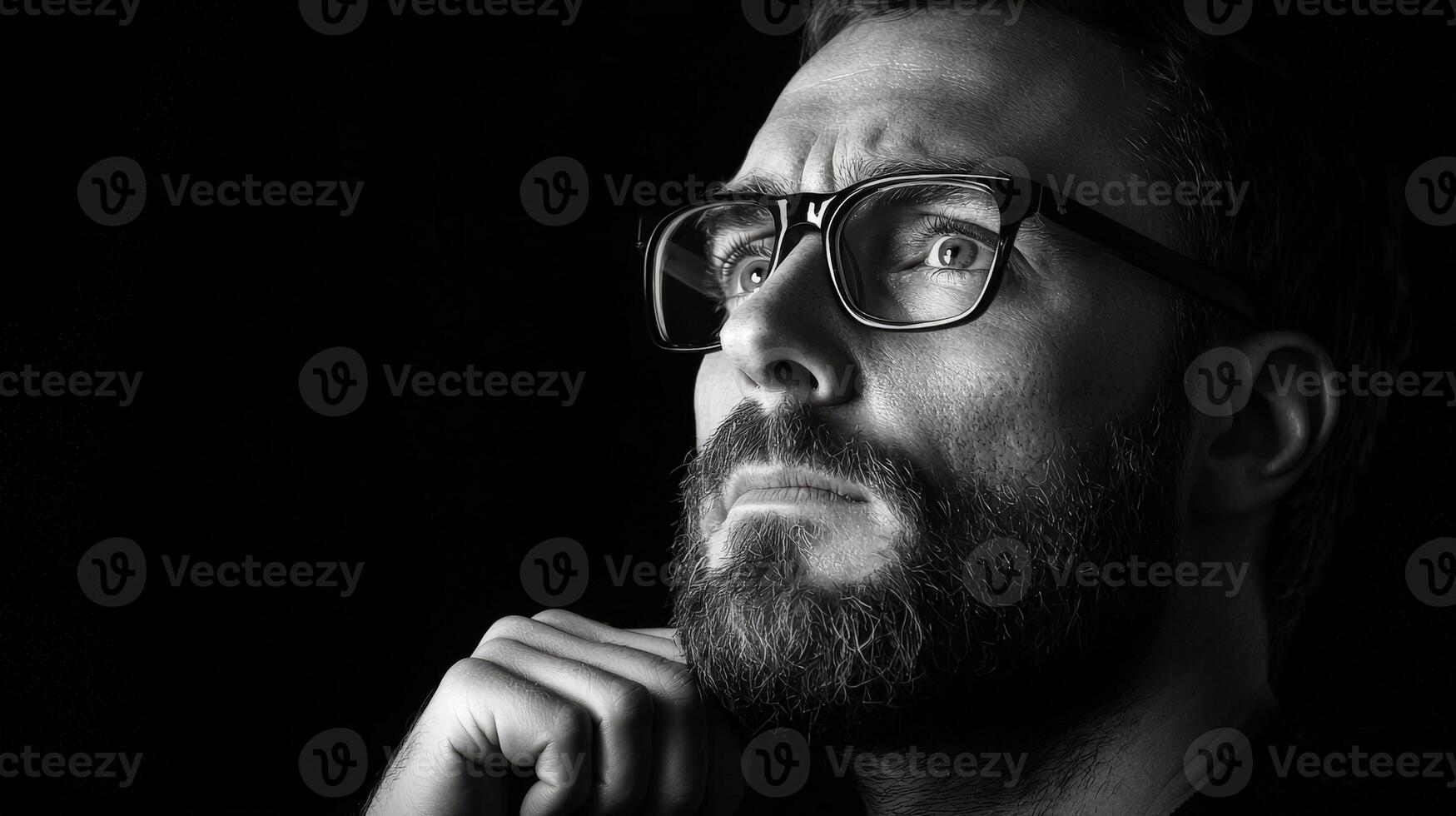 A man with glasses and a beard is looking up photo