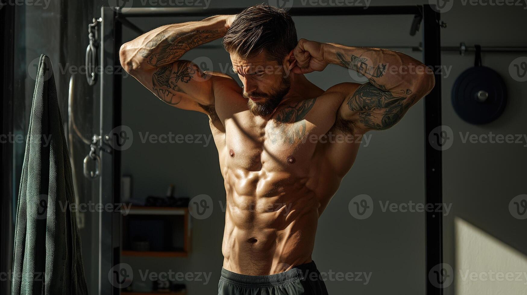 A man with tattoos standing in front of a gym photo