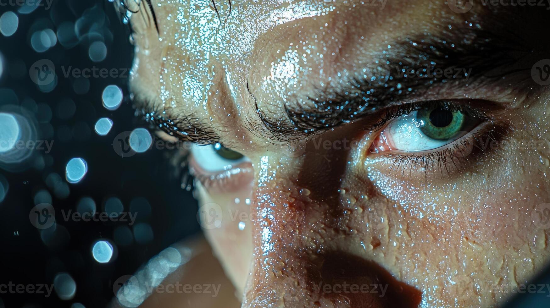 A close up of a man's face with water droplets on it photo
