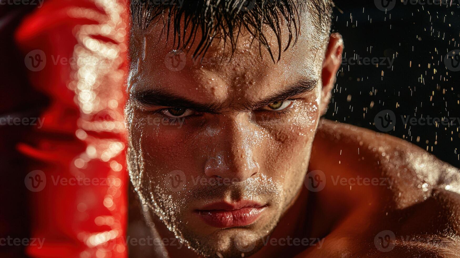 A man is standing in front of a red boxing bag photo