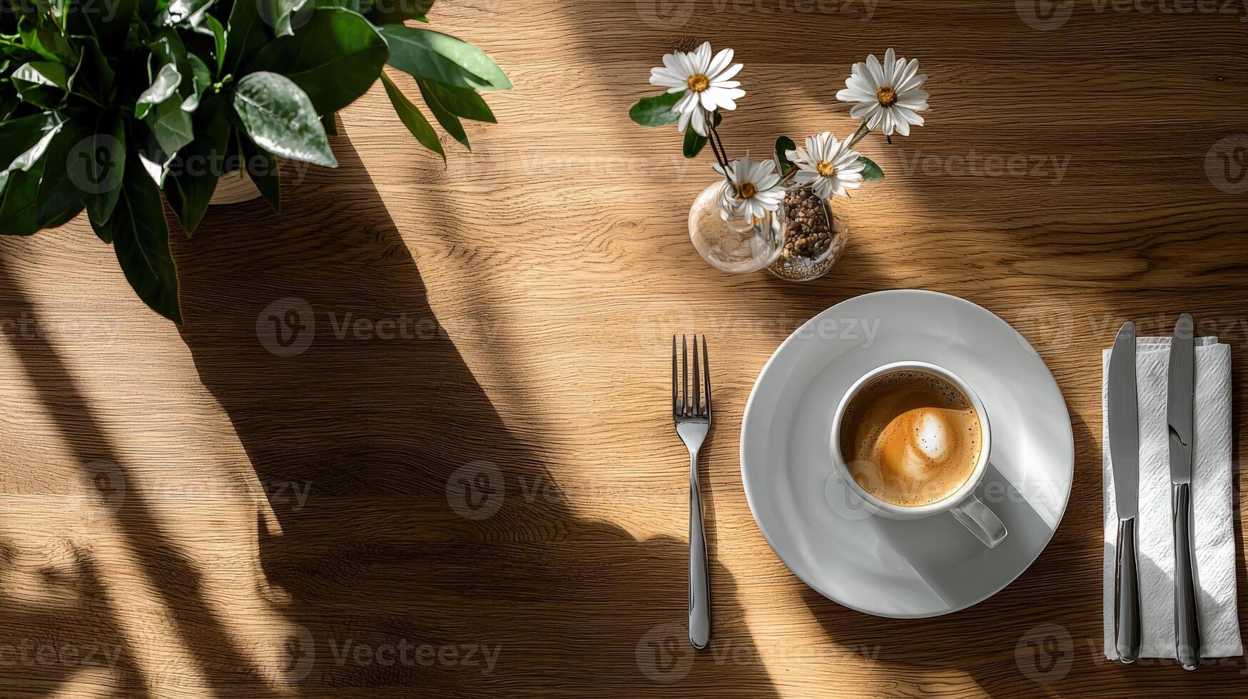 A cup of coffee and a knife and fork on a table photo