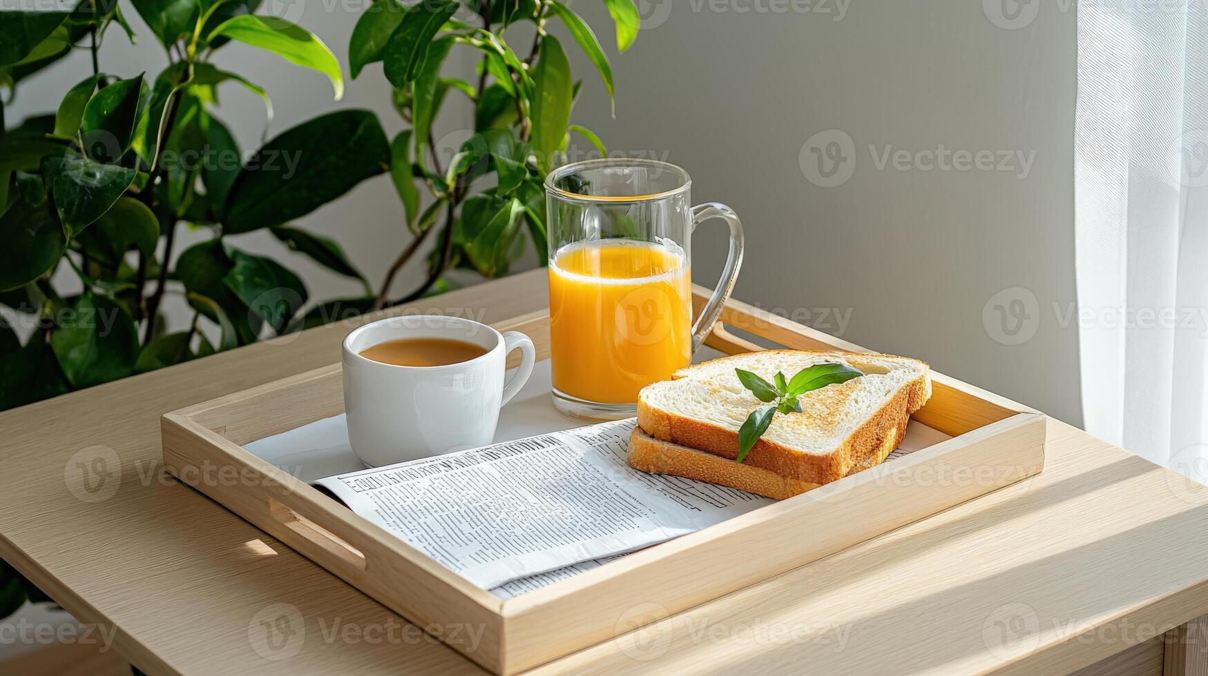 A tray with a sandwich, orange juice and coffee on a table photo
