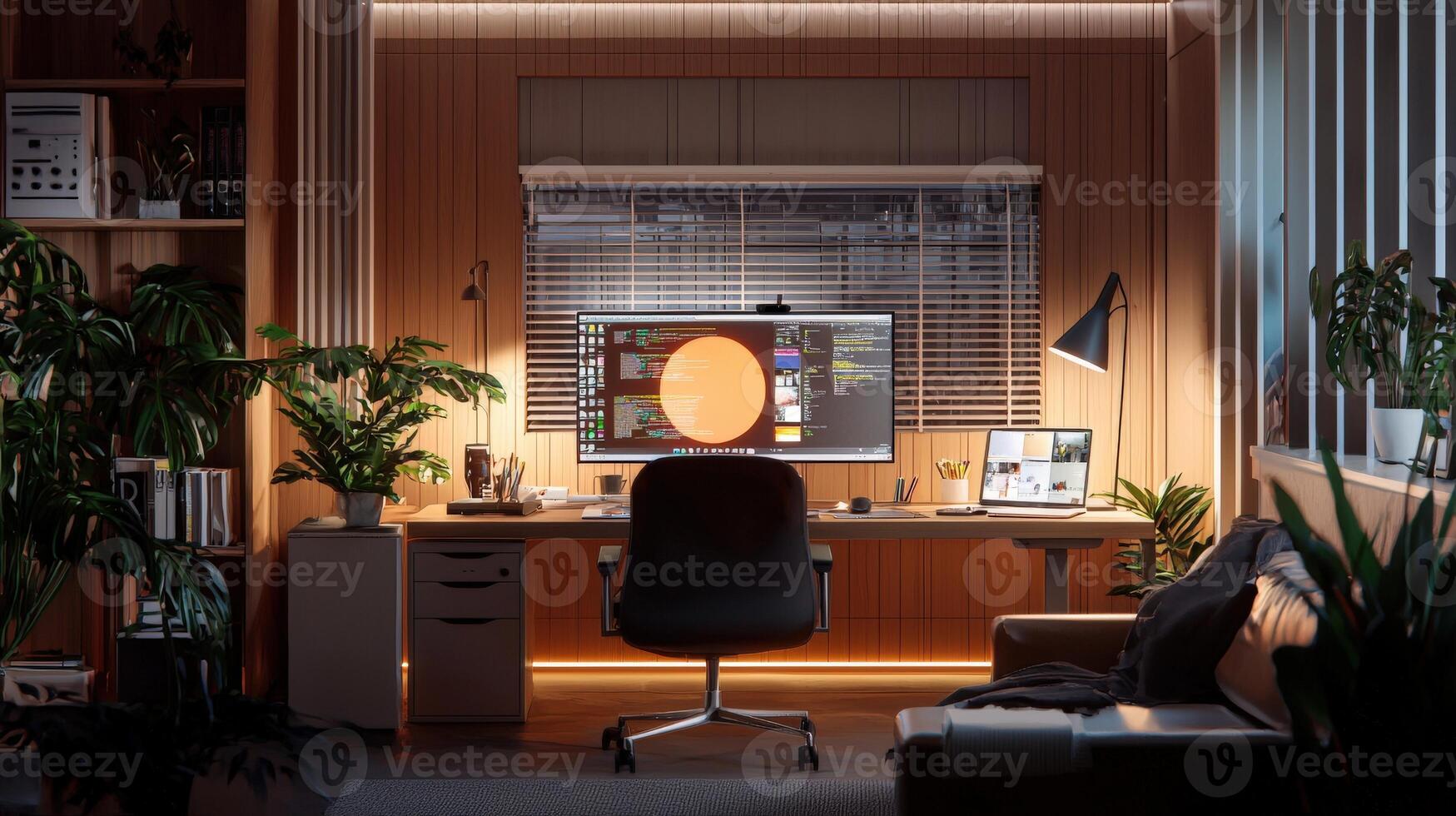 A desk with a computer and a lamp photo