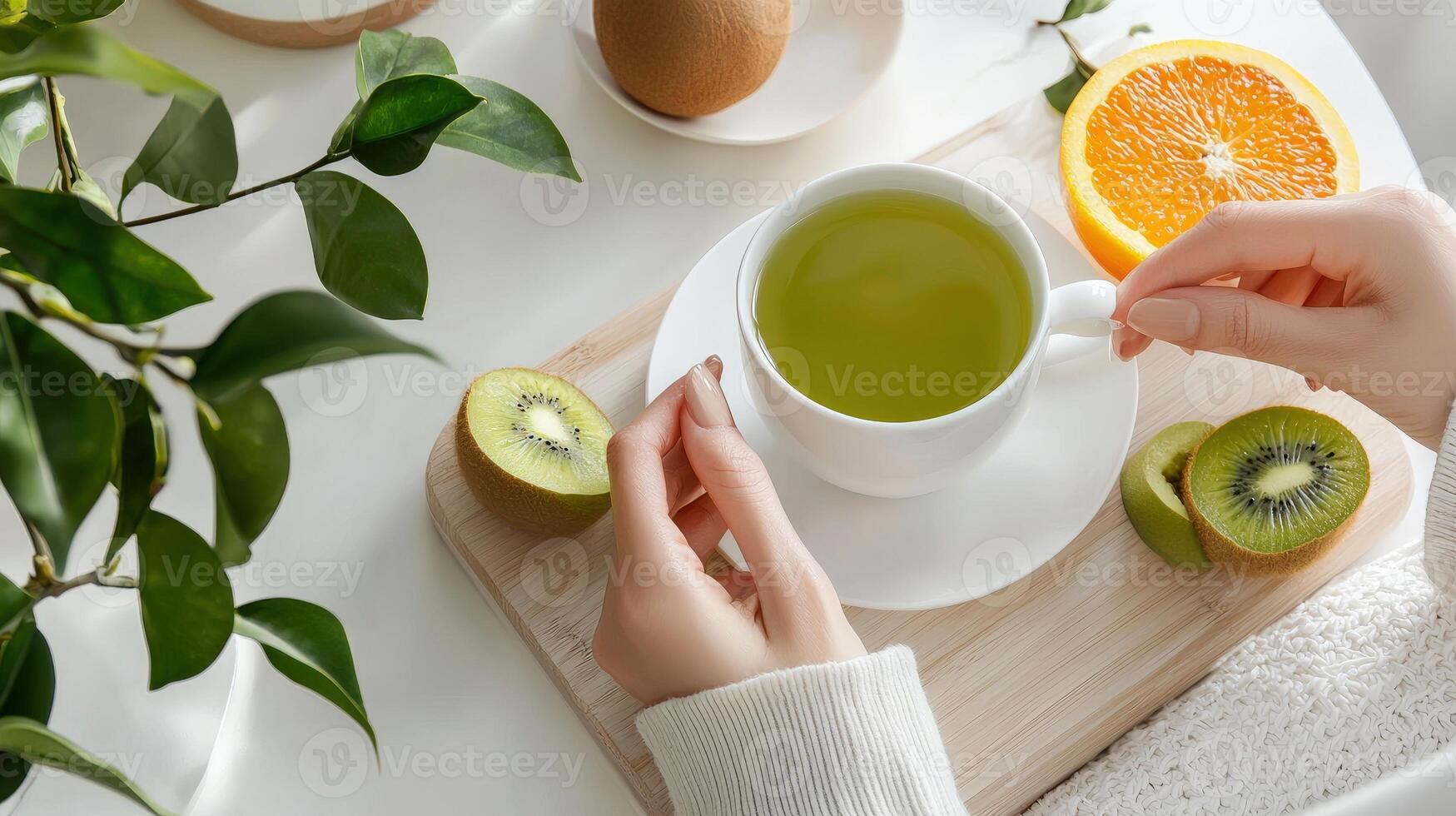 Green tea and kiwi fruit on a white plate photo