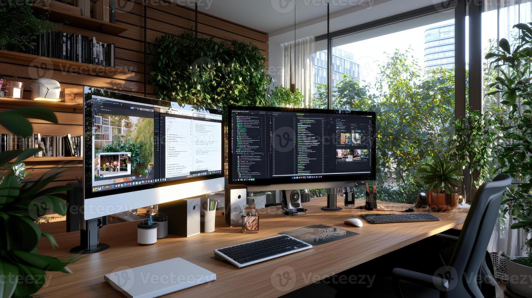 A desk with two monitors and a laptop photo
