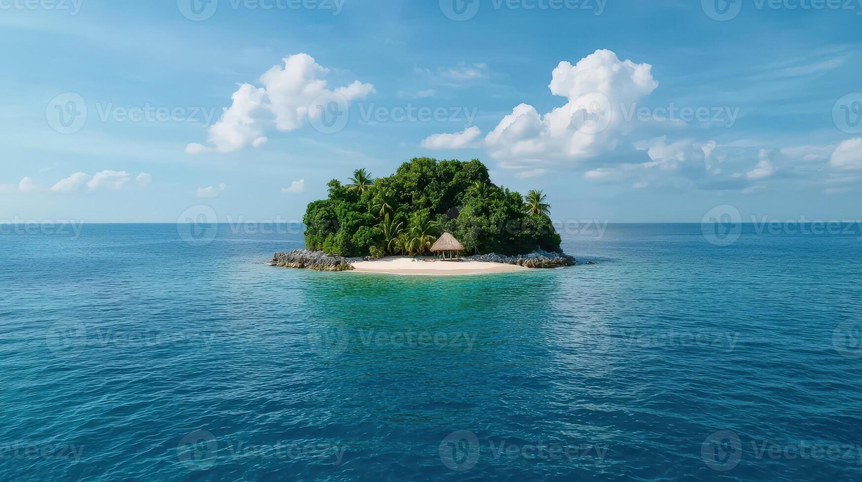 An island in the middle of the ocean with a hut on it photo