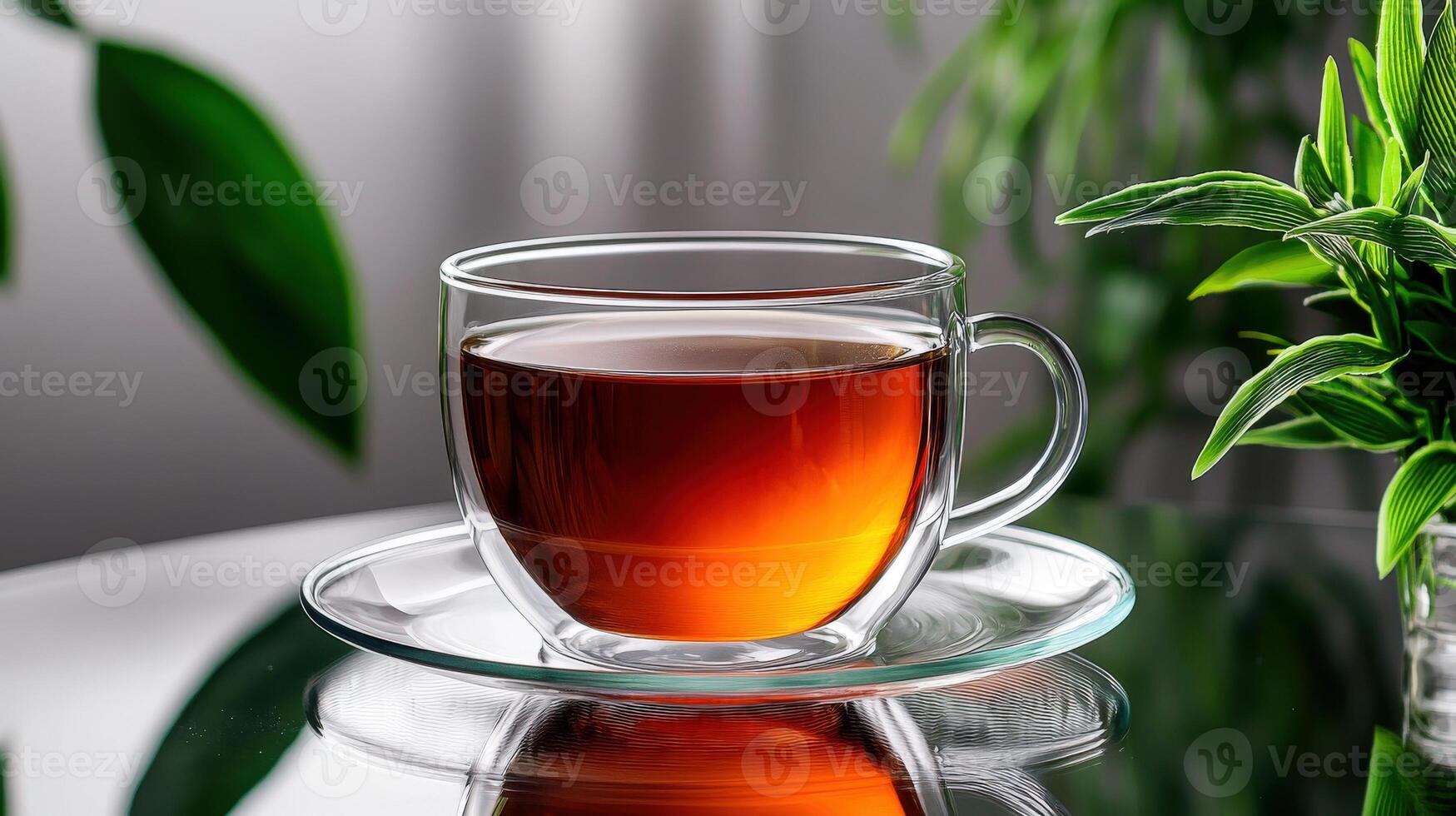 A glass cup of tea sits on a table next to a plant photo