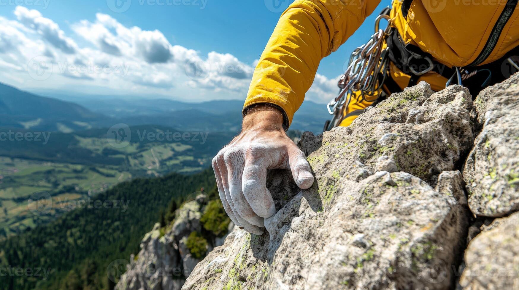 A person in yellow climbing on a mountain photo
