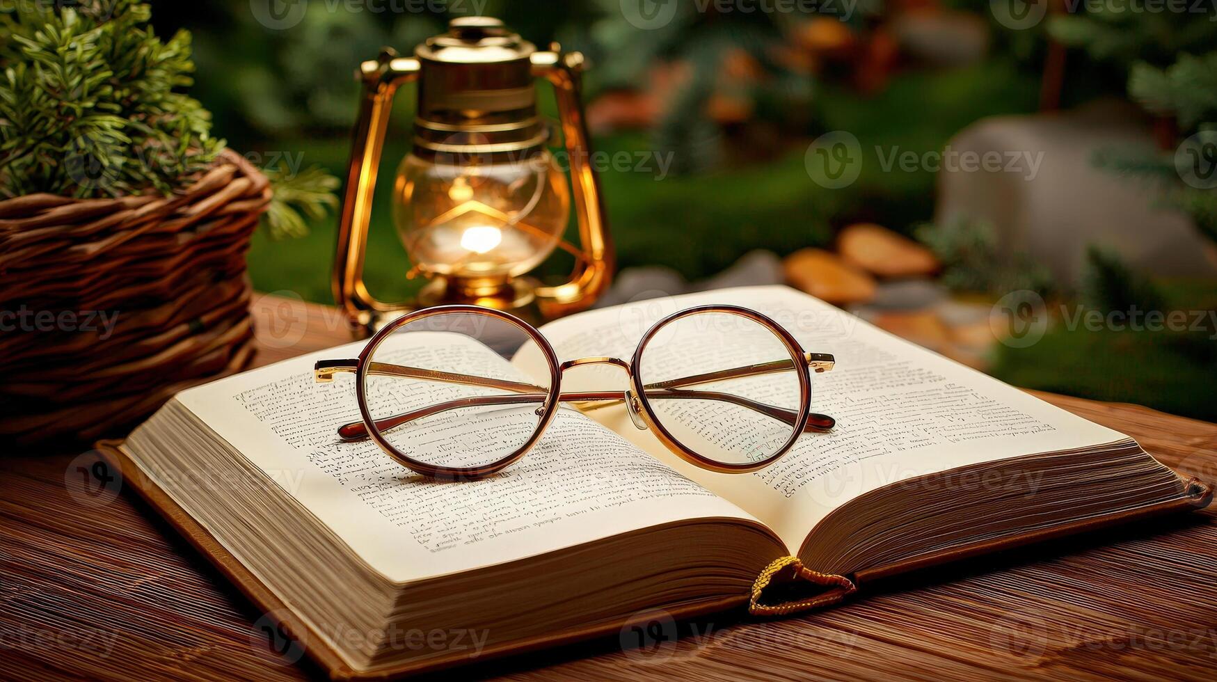 Open book with glasses and lamp on wooden table photo