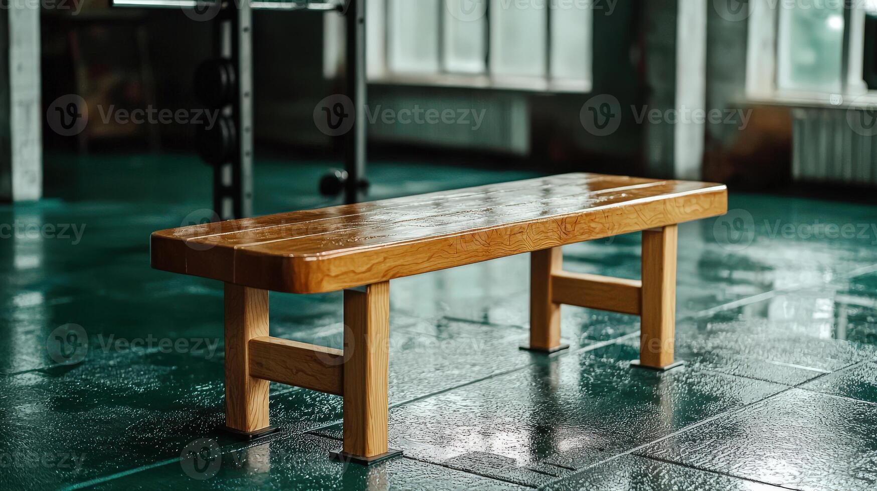 A wooden bench sits in the middle of a room photo