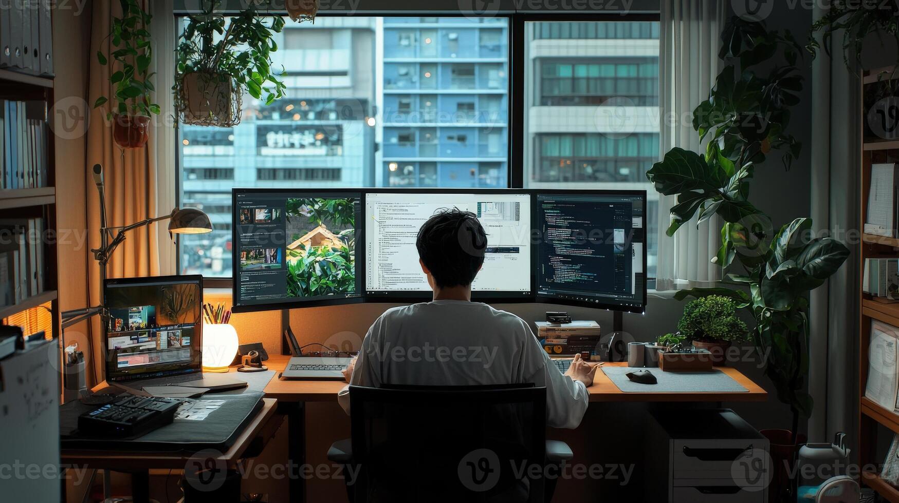 A man sitting at a desk with two monitors photo