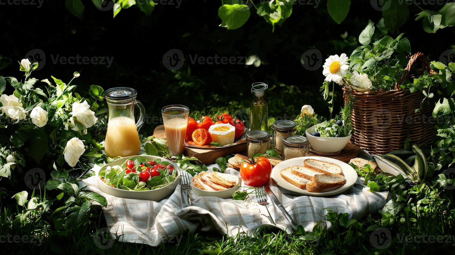 A picnic table with food and drinks on it photo