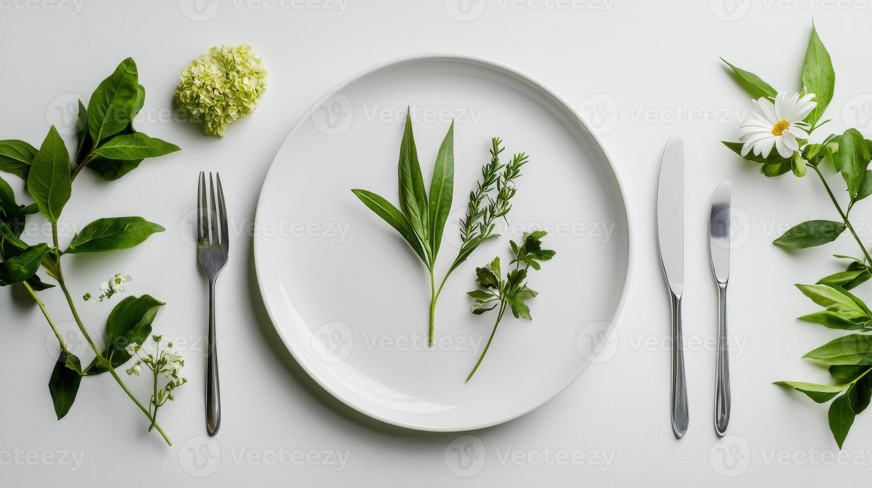 A plate with a knife and fork on it with herbs photo