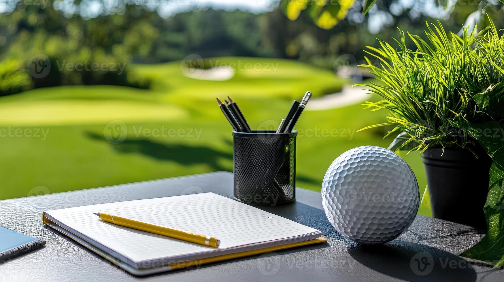 Golf course and notebook on a table photo