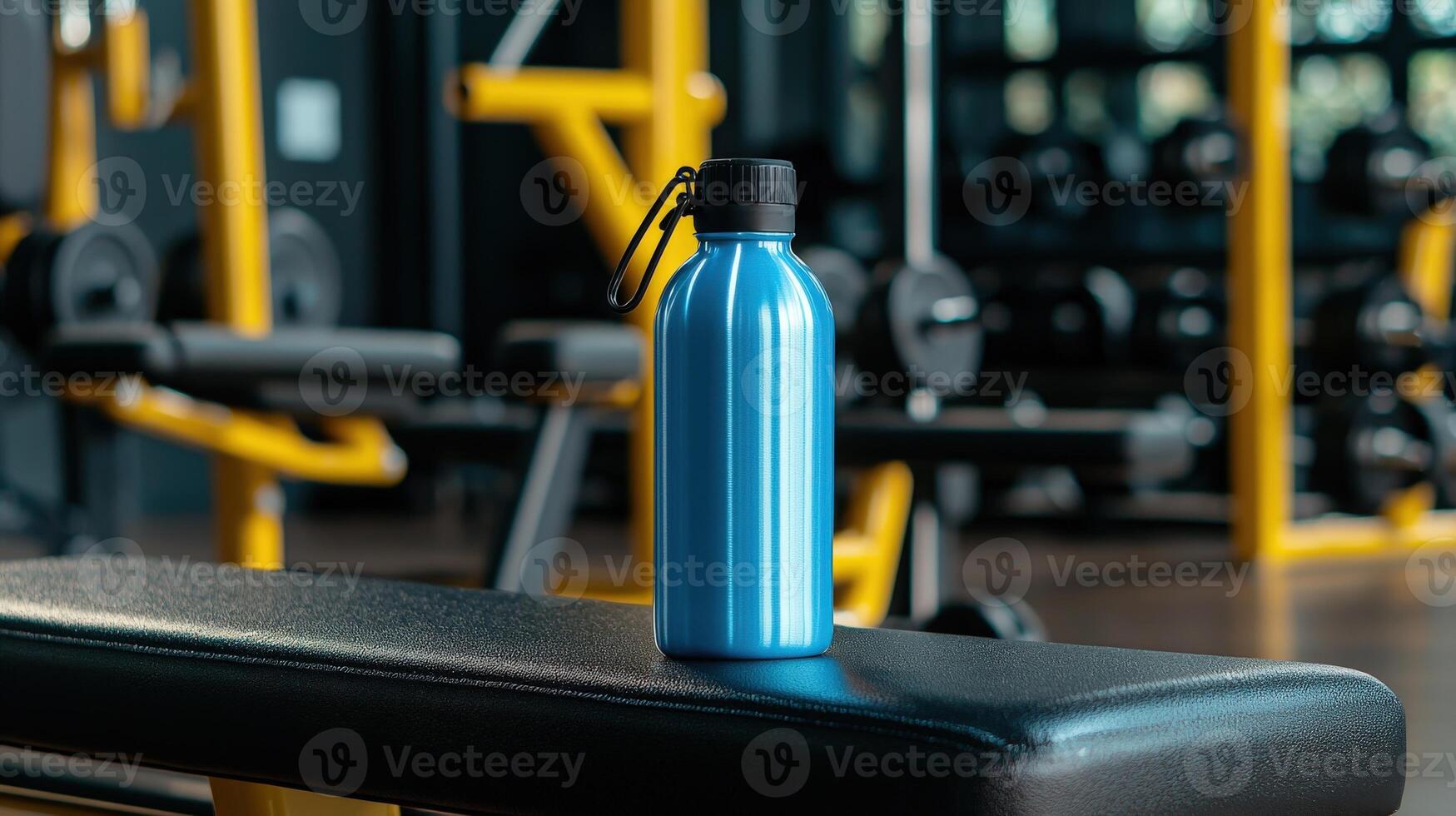 A blue water bottle sitting on a bench in a gym photo