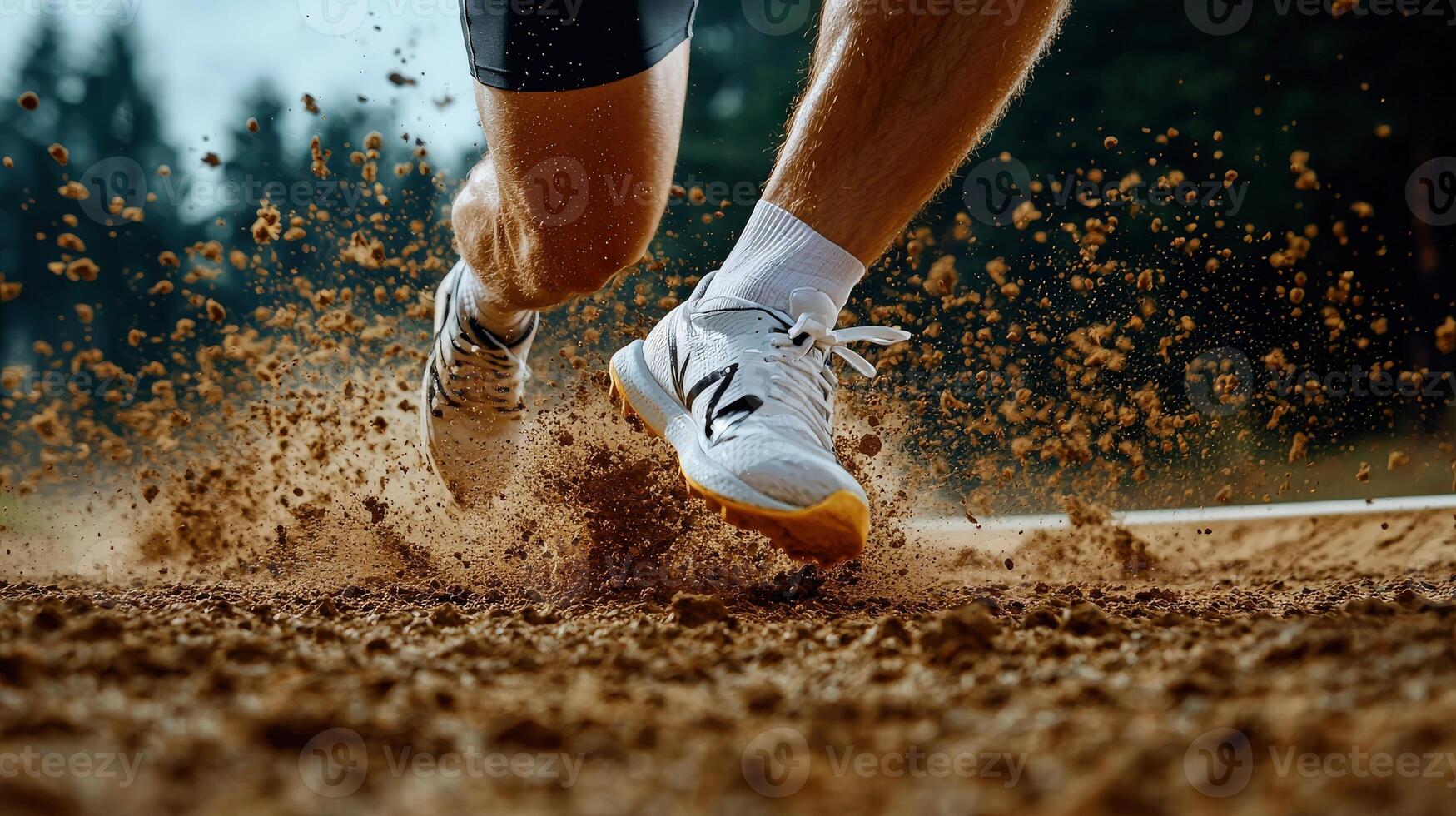 A person running on a track with dirt on their shoes photo