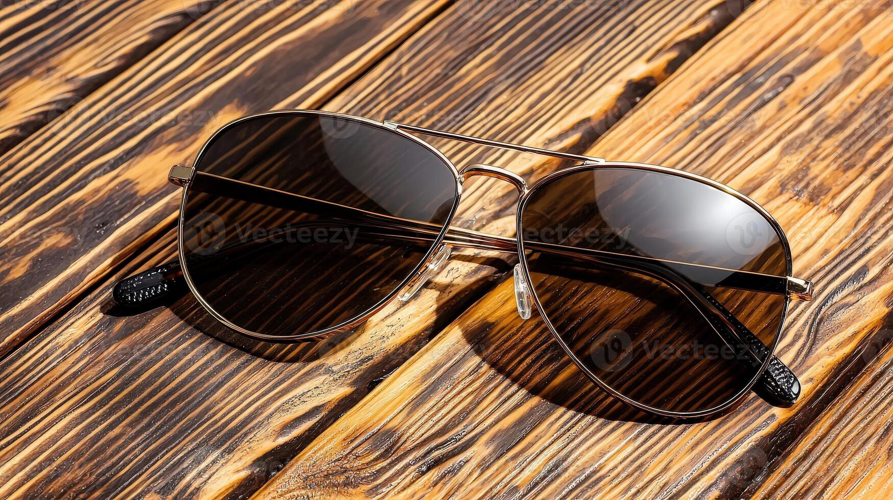 A pair of sunglasses on a wooden table photo