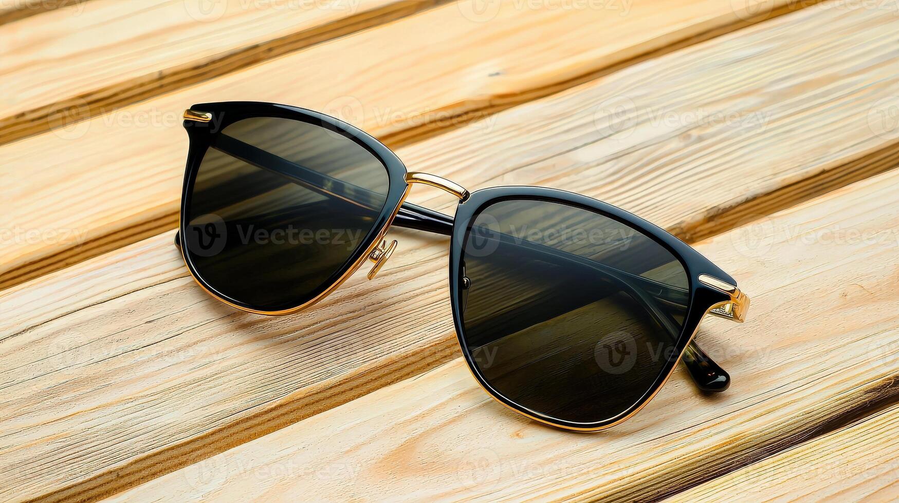 A pair of sunglasses laying on a wooden table photo