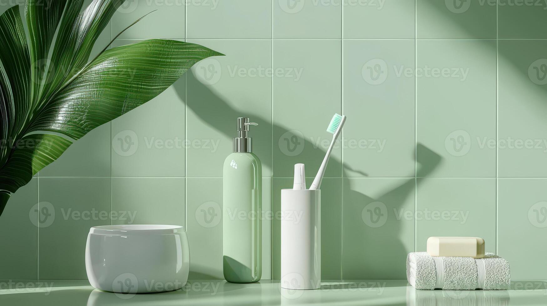 A green bathroom with a toothbrush, toothpaste and a towel photo
