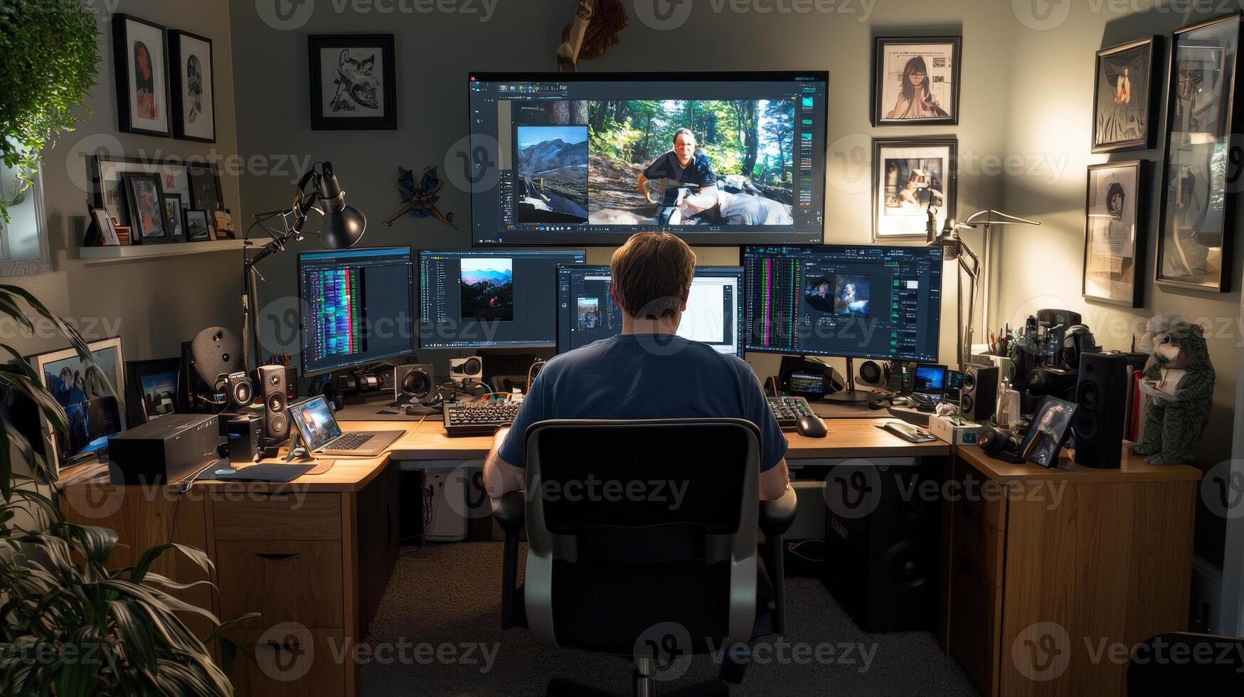 A man sitting at a desk with two monitors and a computer photo