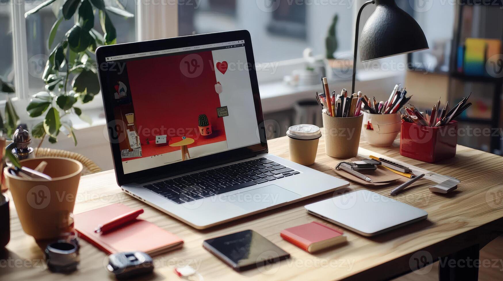A laptop sits on a desk with a cup of coffee and a plant photo