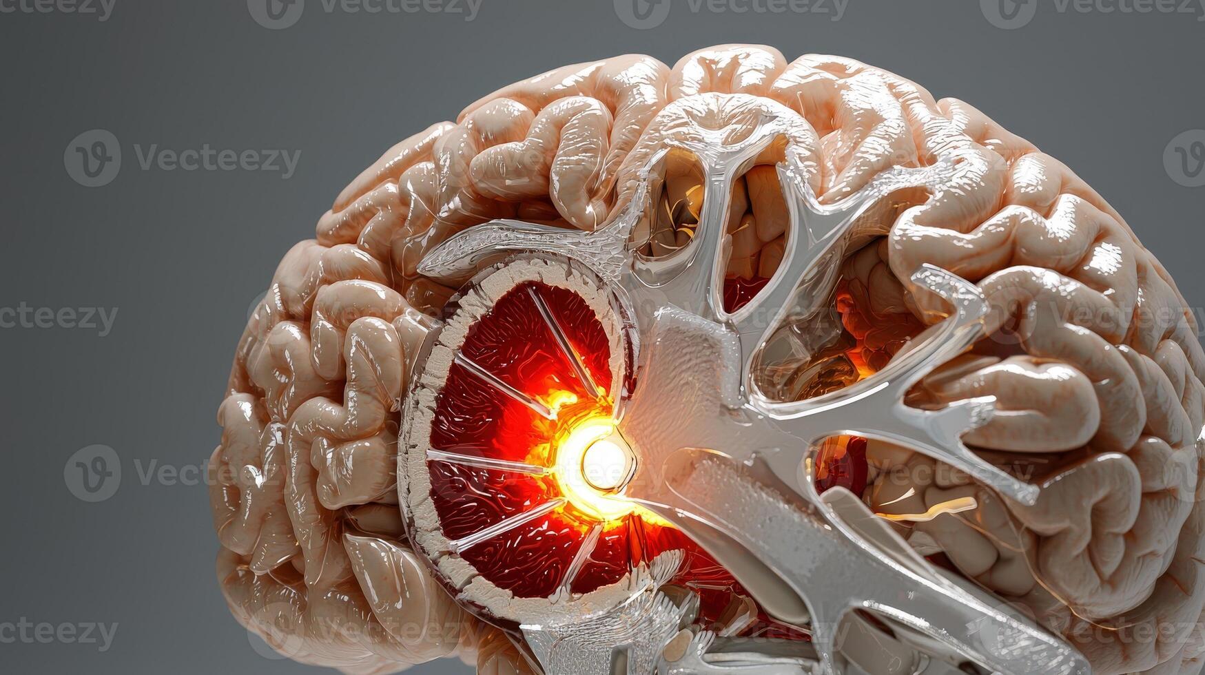 The human brain is shown with a red light shining through it photo