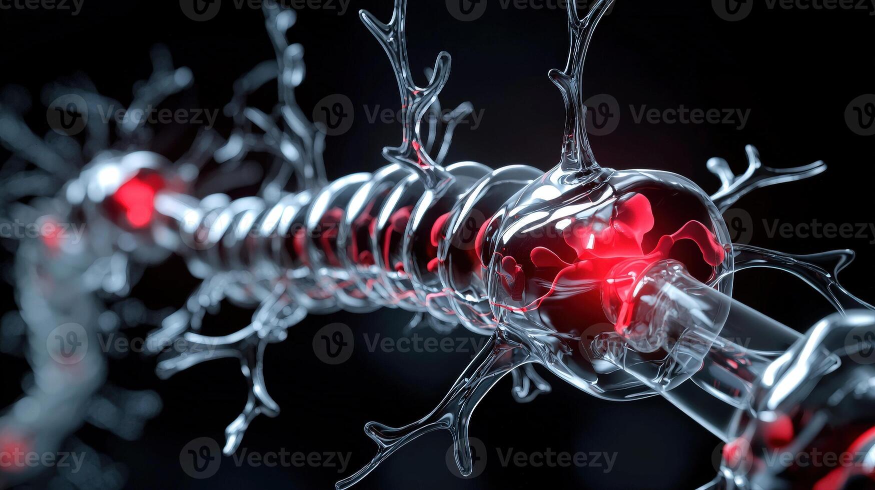 A neuron with red light shining through it photo