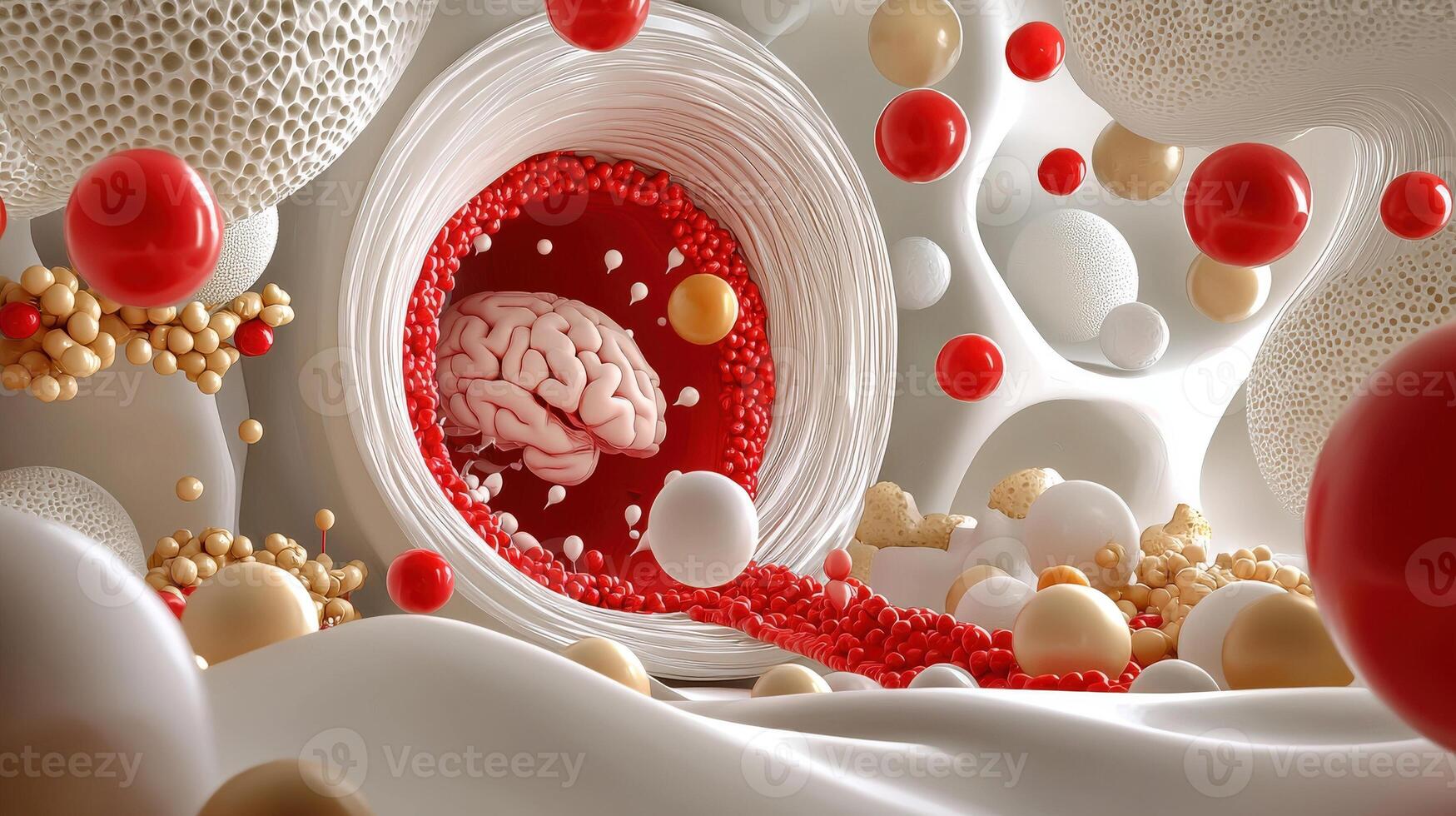 A brain surrounded by red and white spheres photo