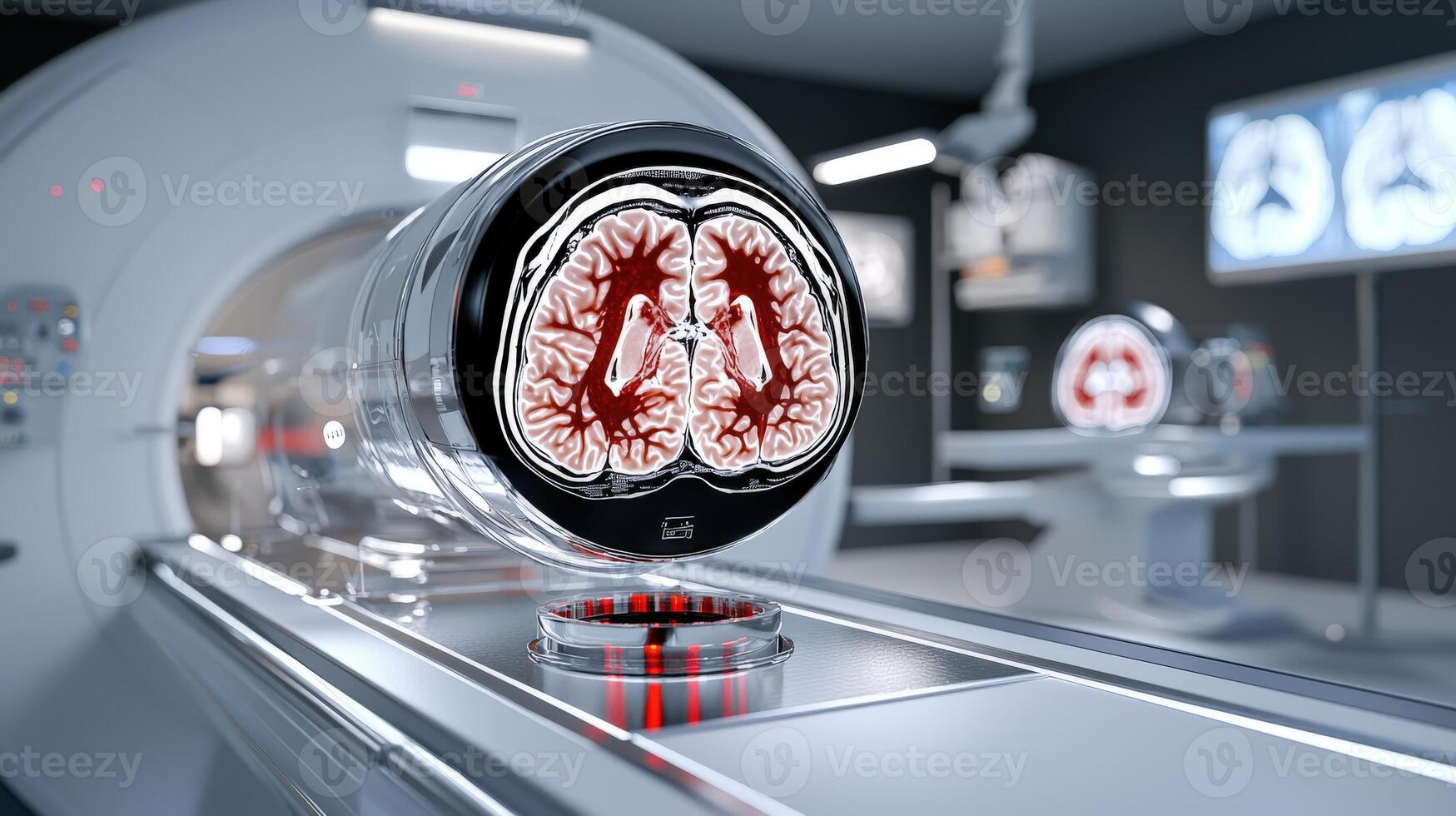 A mri machine with an image of a brain photo