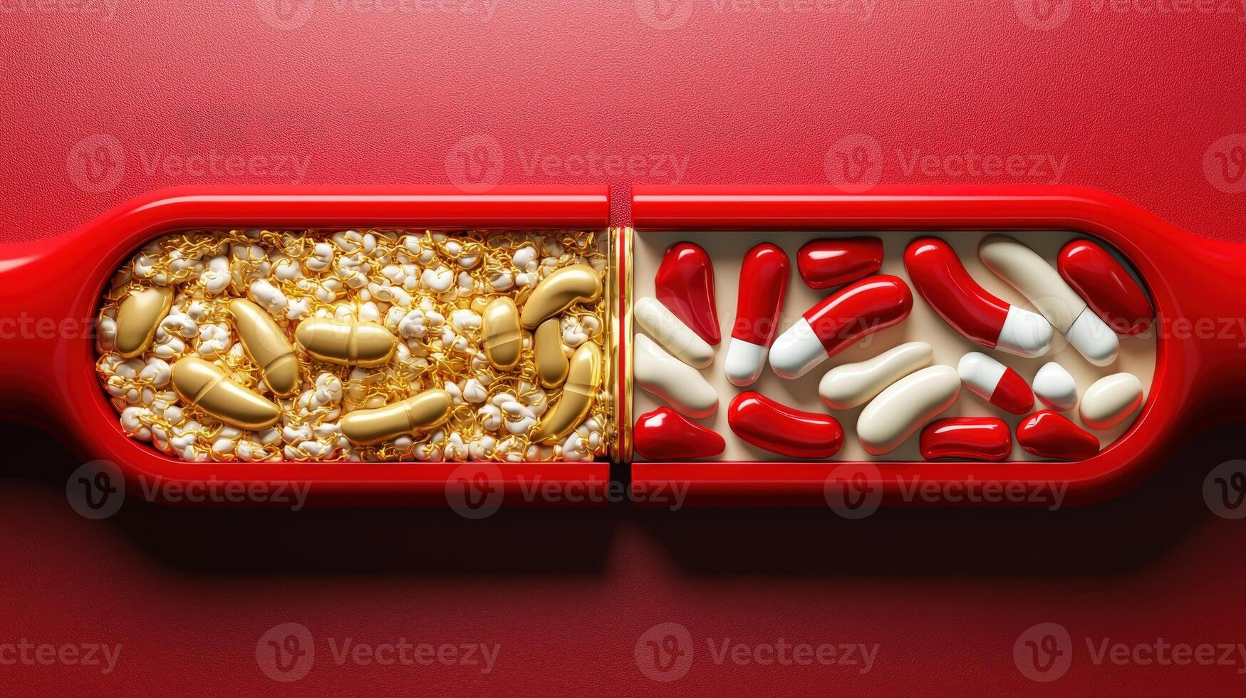 A red container with pills and other items photo