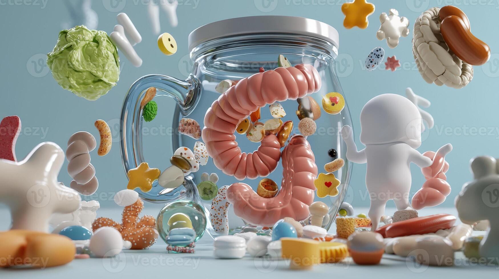A jar with various food items and a small character photo