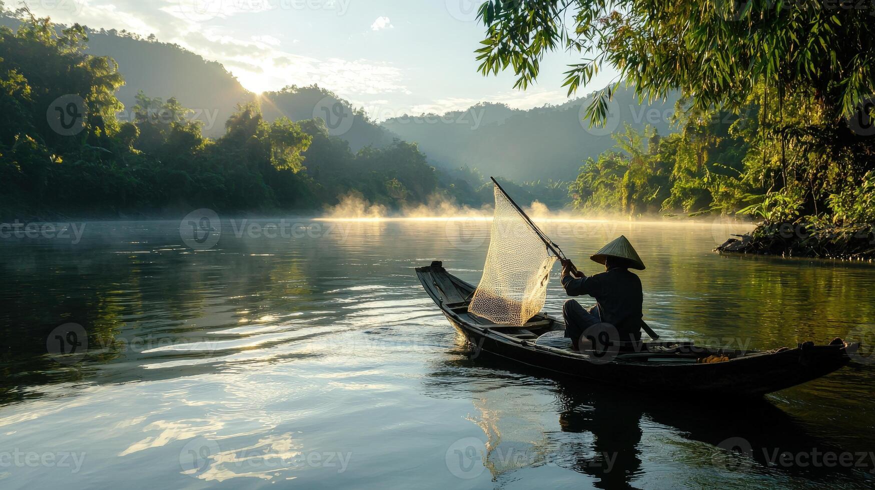 A man in a boat with a net on the river photo