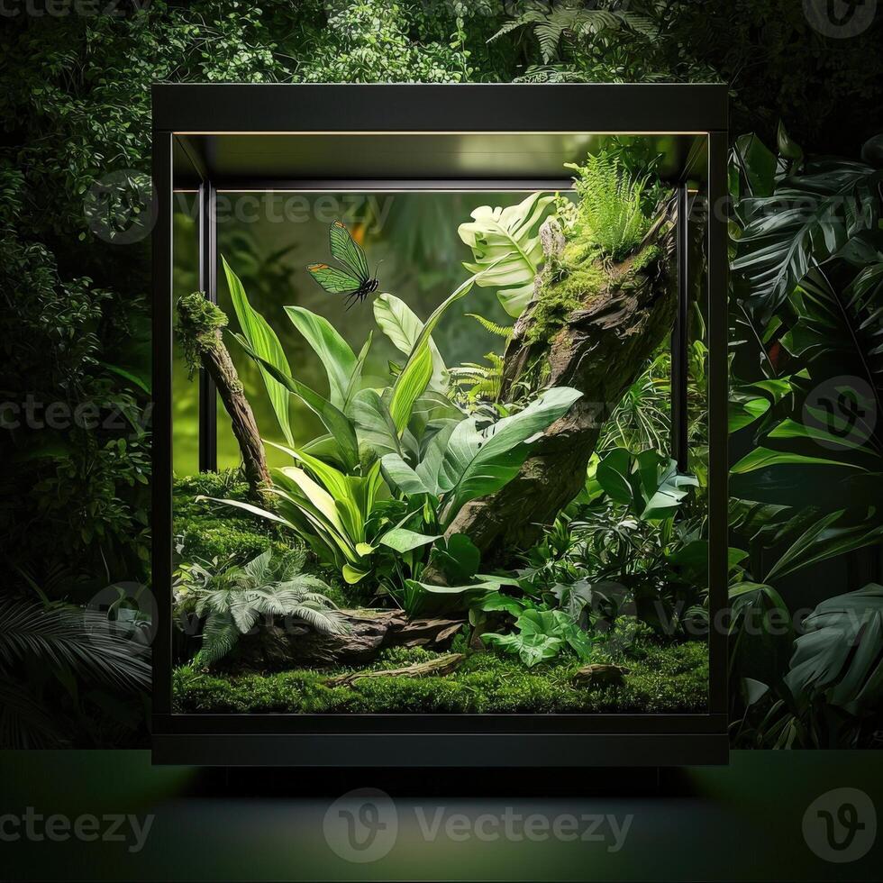 A small glass box with plants and plants inside photo
