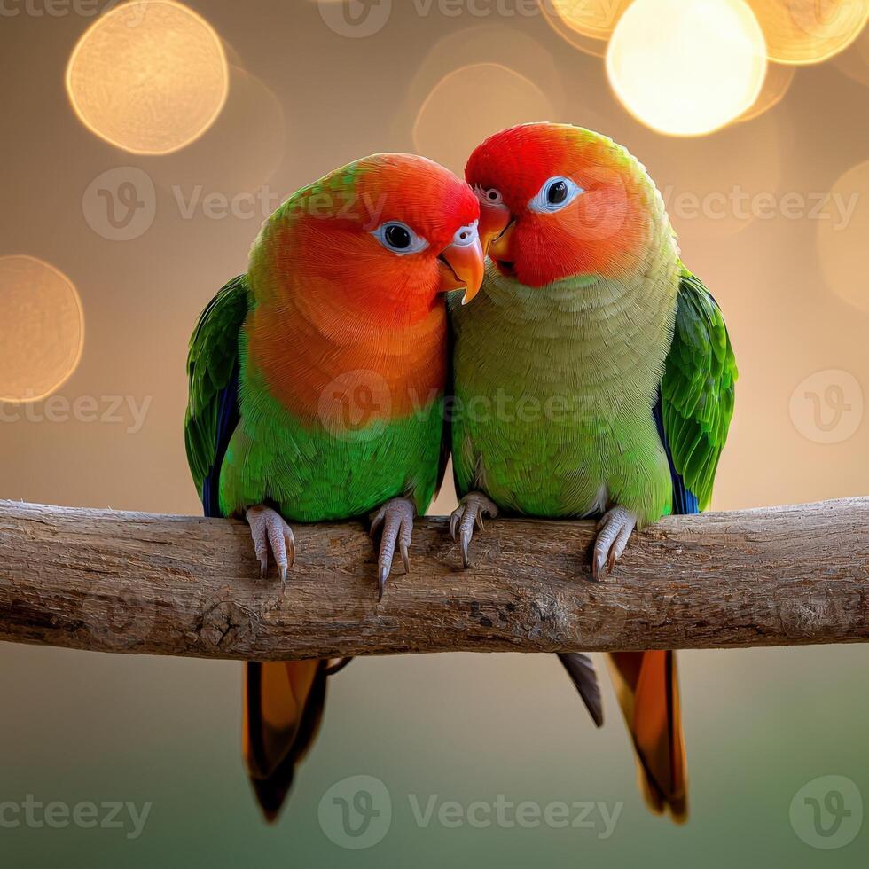 Two birds are sitting on a branch photo