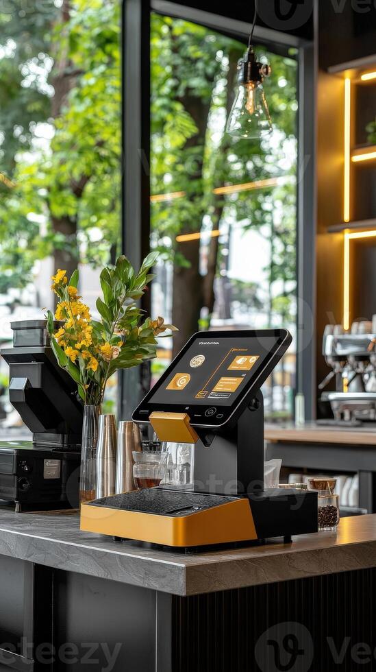 A coffee shop with a cash register and a table photo