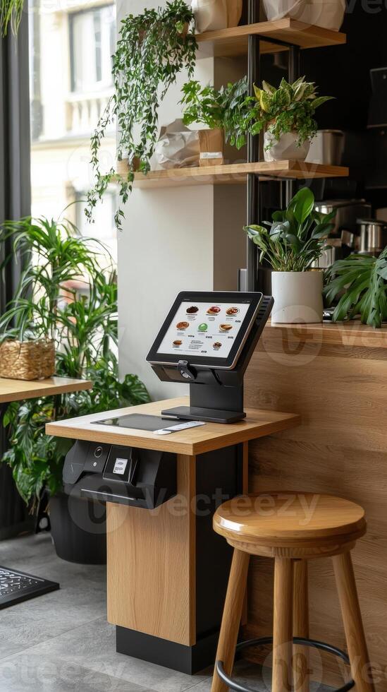 A table with a tablet and a stool in front of a window photo