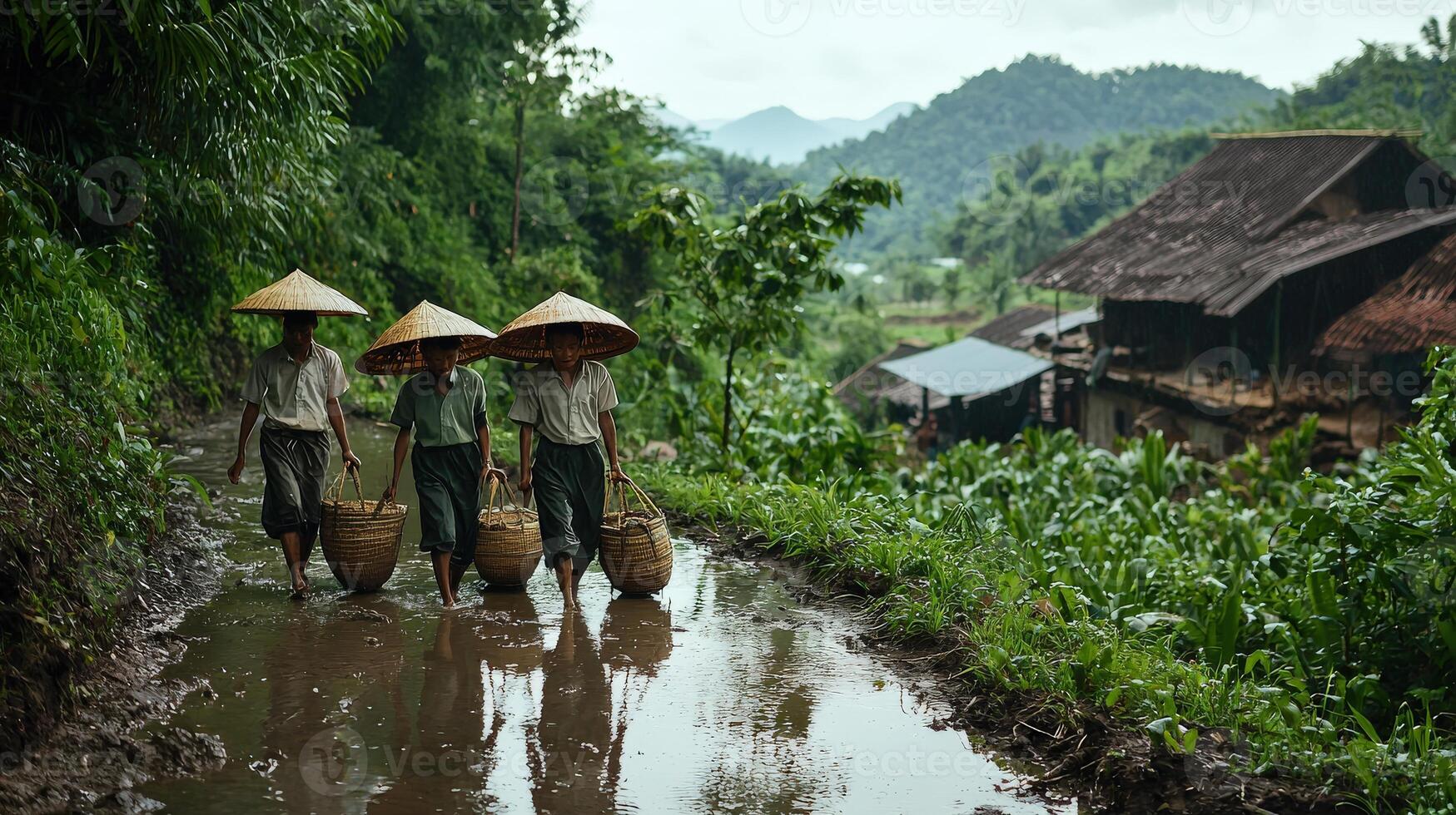Three people carrying buckets on a muddy path photo