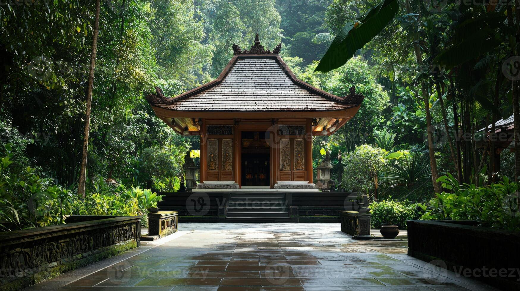 A small building in the middle of a lush green forest photo