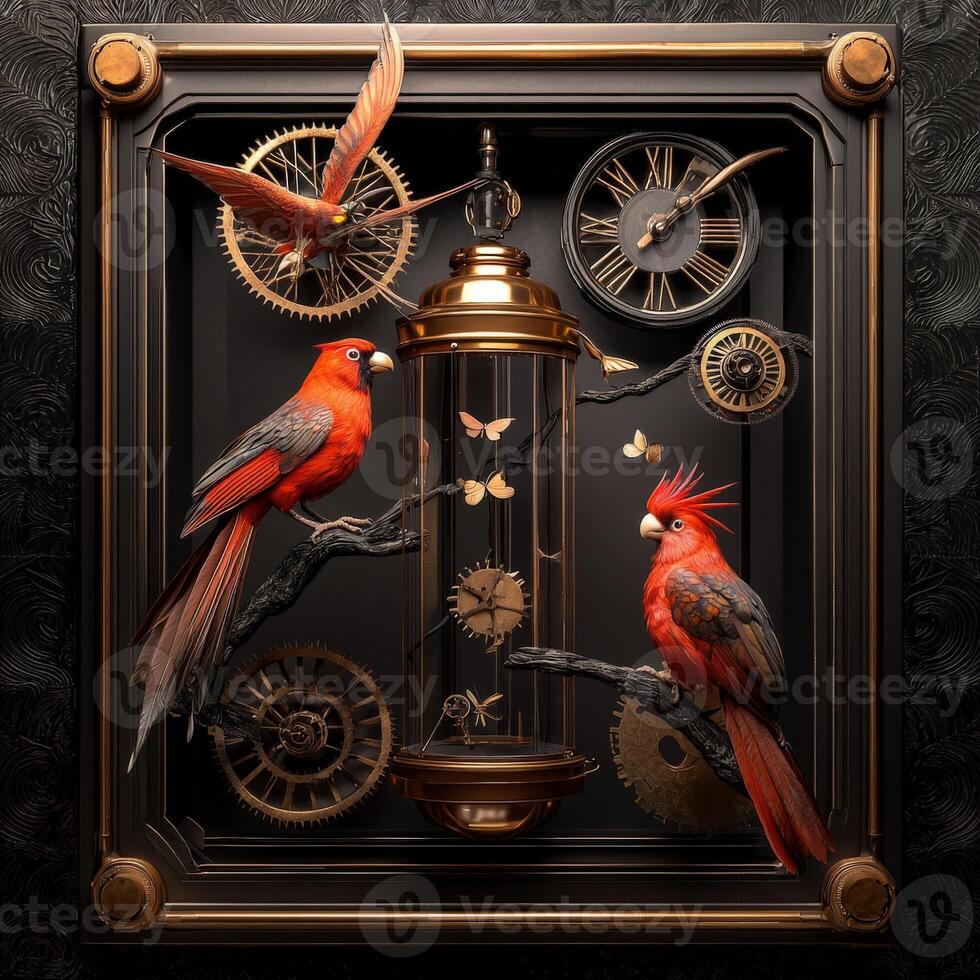A clock with two birds and a bird cage photo