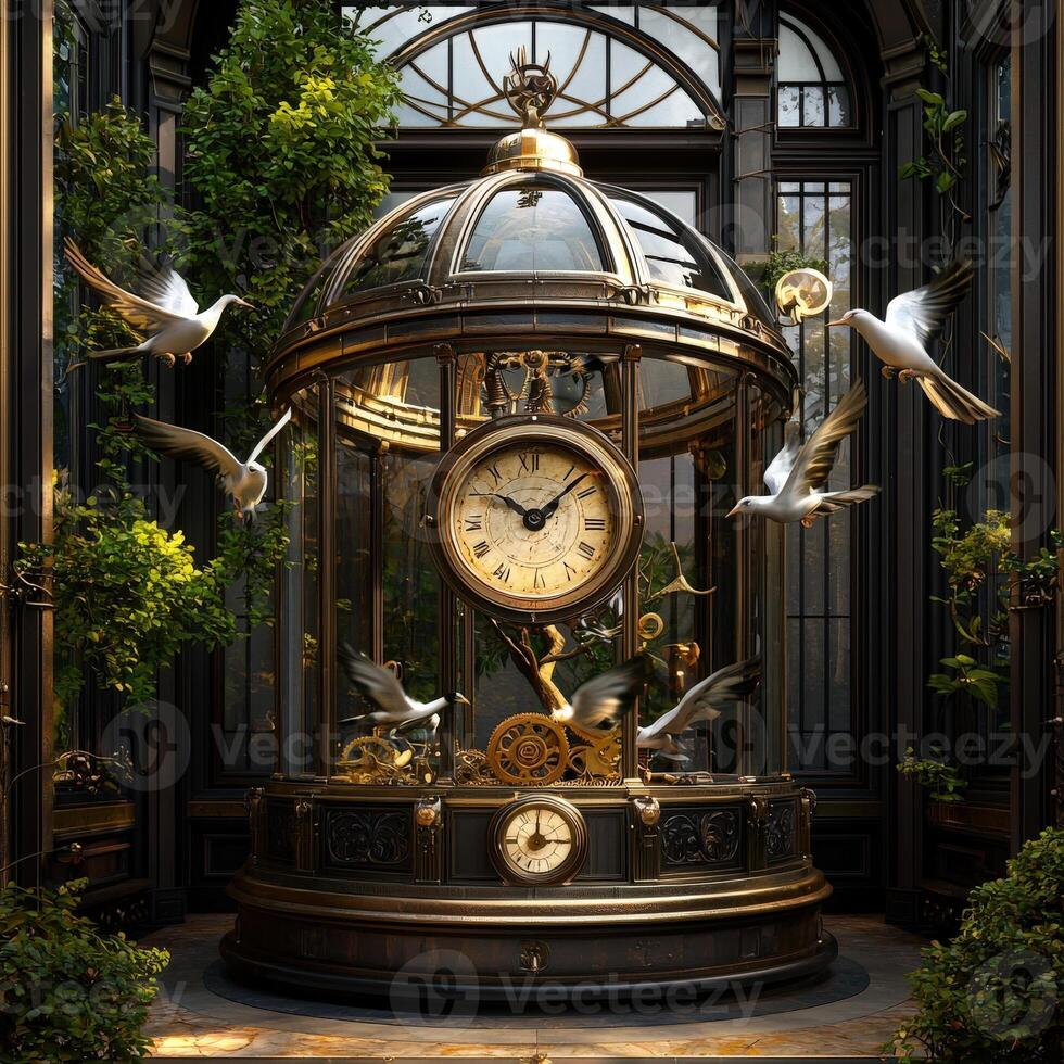 A clock in a glass case with birds flying around it photo