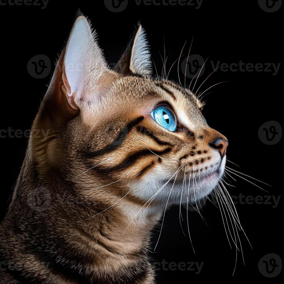 A cat with blue eyes looking up photo